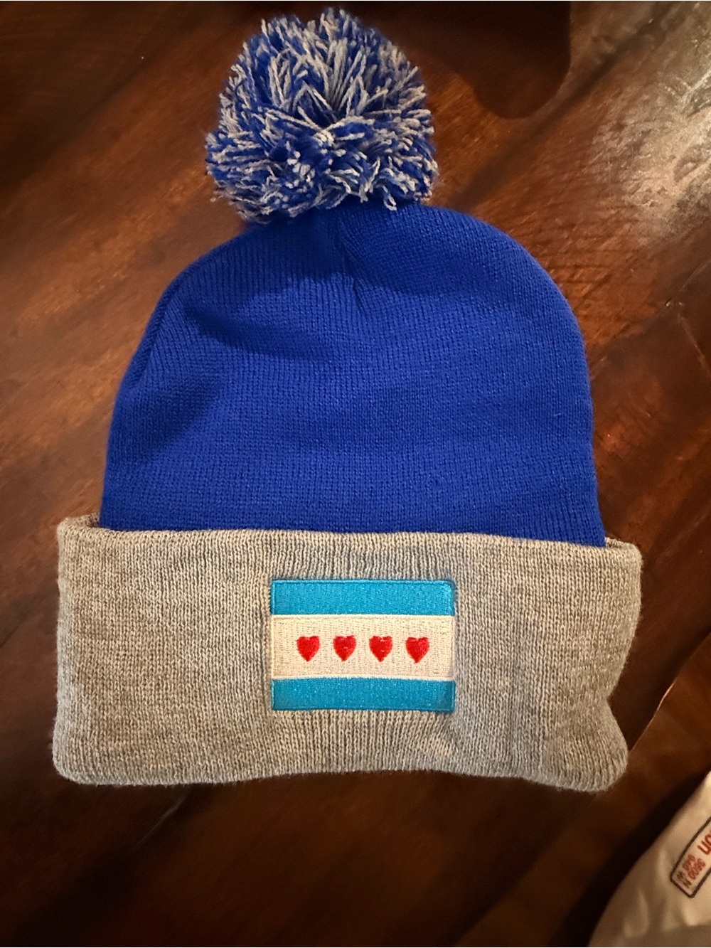 Blue and Gray Pom Beanie with Heart Patch
